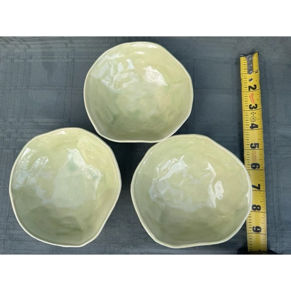 3 Vintage Hand Built Ceramic Bowls Celadon Green Glazed Inner Textured Raw Base